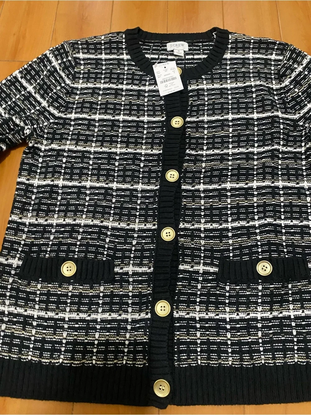J. Crew Black and White Textured Plaid Cardigan with Gold Buttons